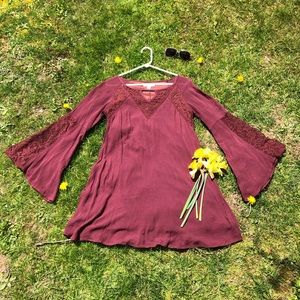 She and Sky Maroon Boho Lace Babydoll Dress